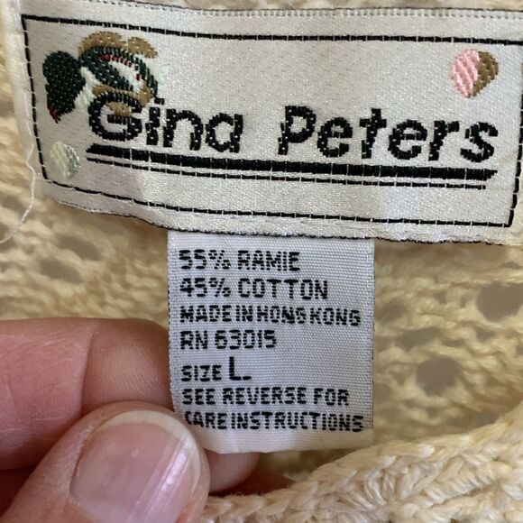 Vintage 80s Gina Peters Ivory Open Leaf Crochet Short Sleeve Tunic Sweater Sz L - Picture 5 of 12